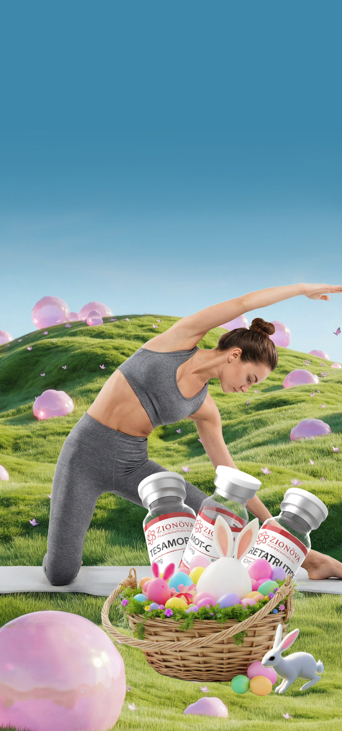 Woman Stretching on Hill Surrounded by Peptides Side View