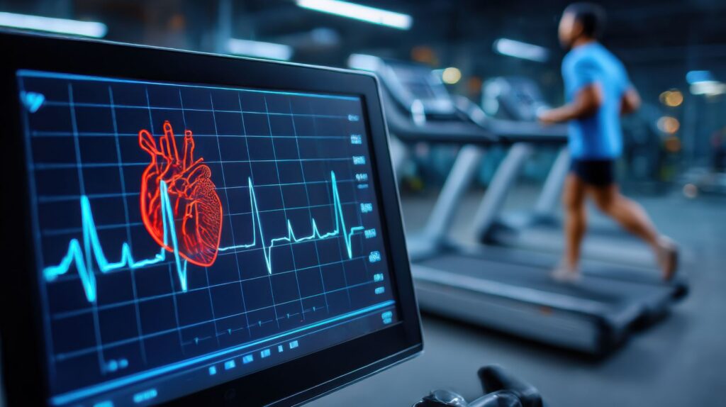 Digital illustration of human heart with data overlay