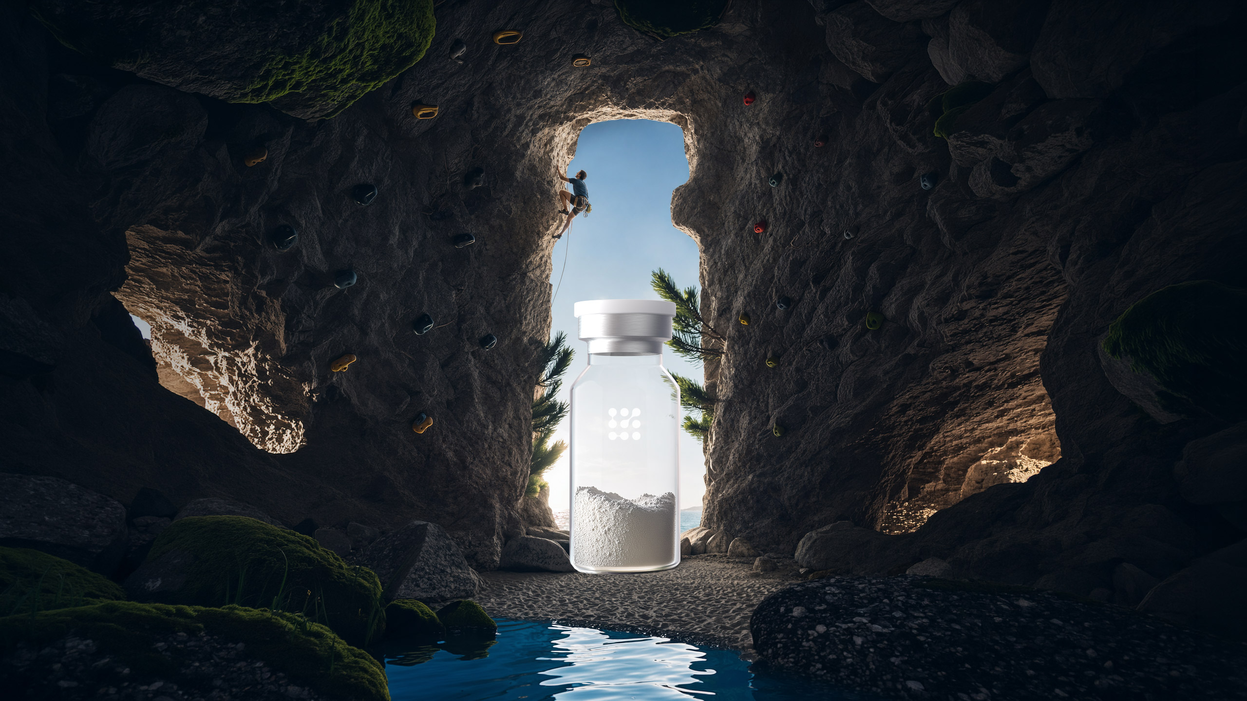 Peptide Silhouette walking through stone archway, July homepage slider background